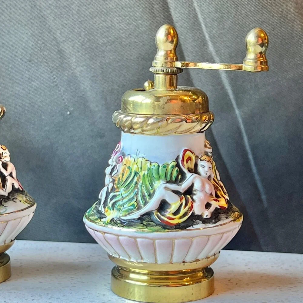 Capodimonte Ceramic & Brass Salt Shaker & Pepper Mill